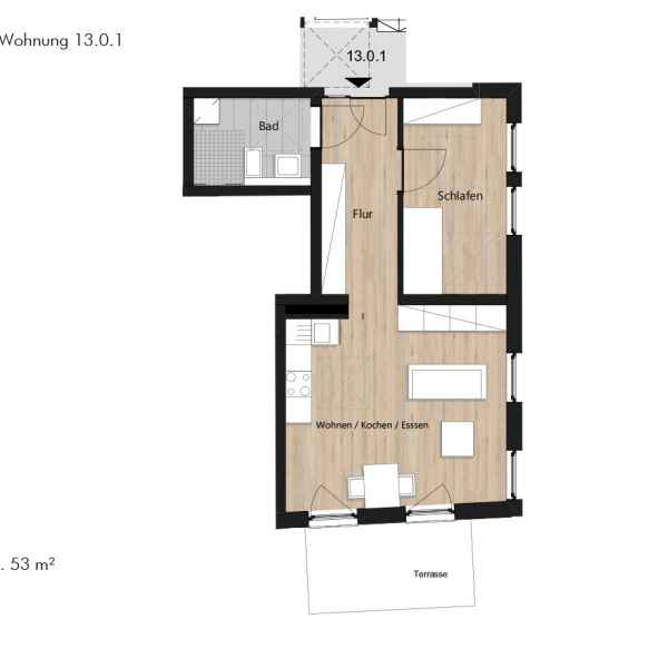 Grundriss der Wohnung 13.0.1 in der Busforfmauer