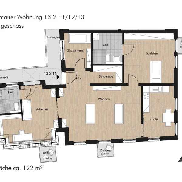 Grundriss der Wohnung 13.2.11/12/13 in der Busforfmauer
